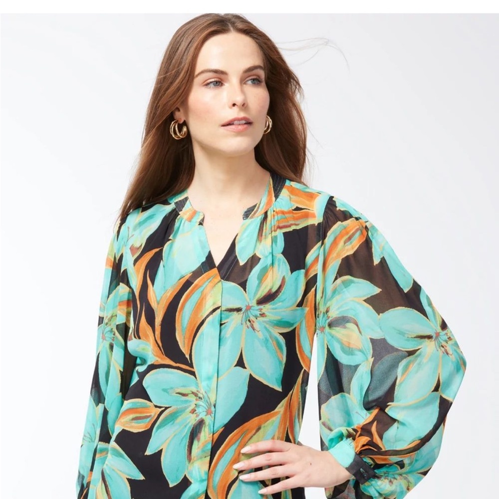 Chico's Green and Brown Relaxed Graphic Blouse with Mandarin Collar - NWT